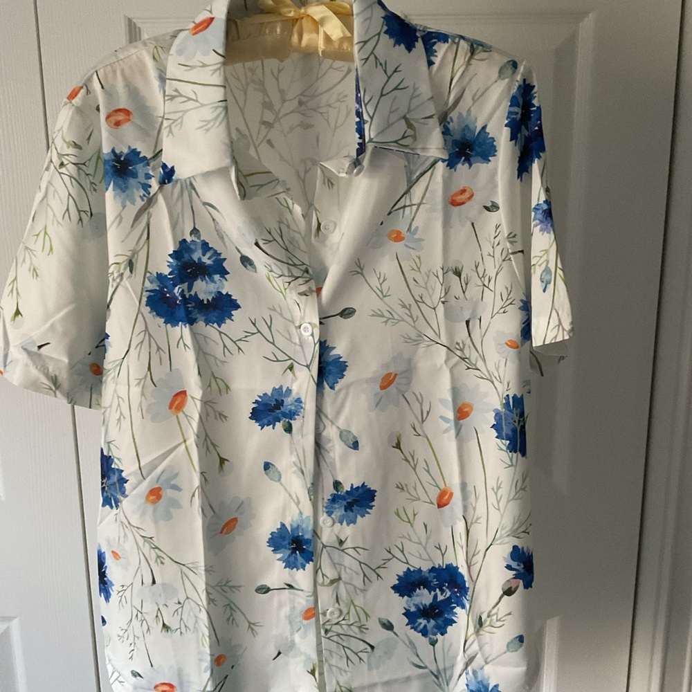 White Floral Button-Up Shirt with Blue Blooms